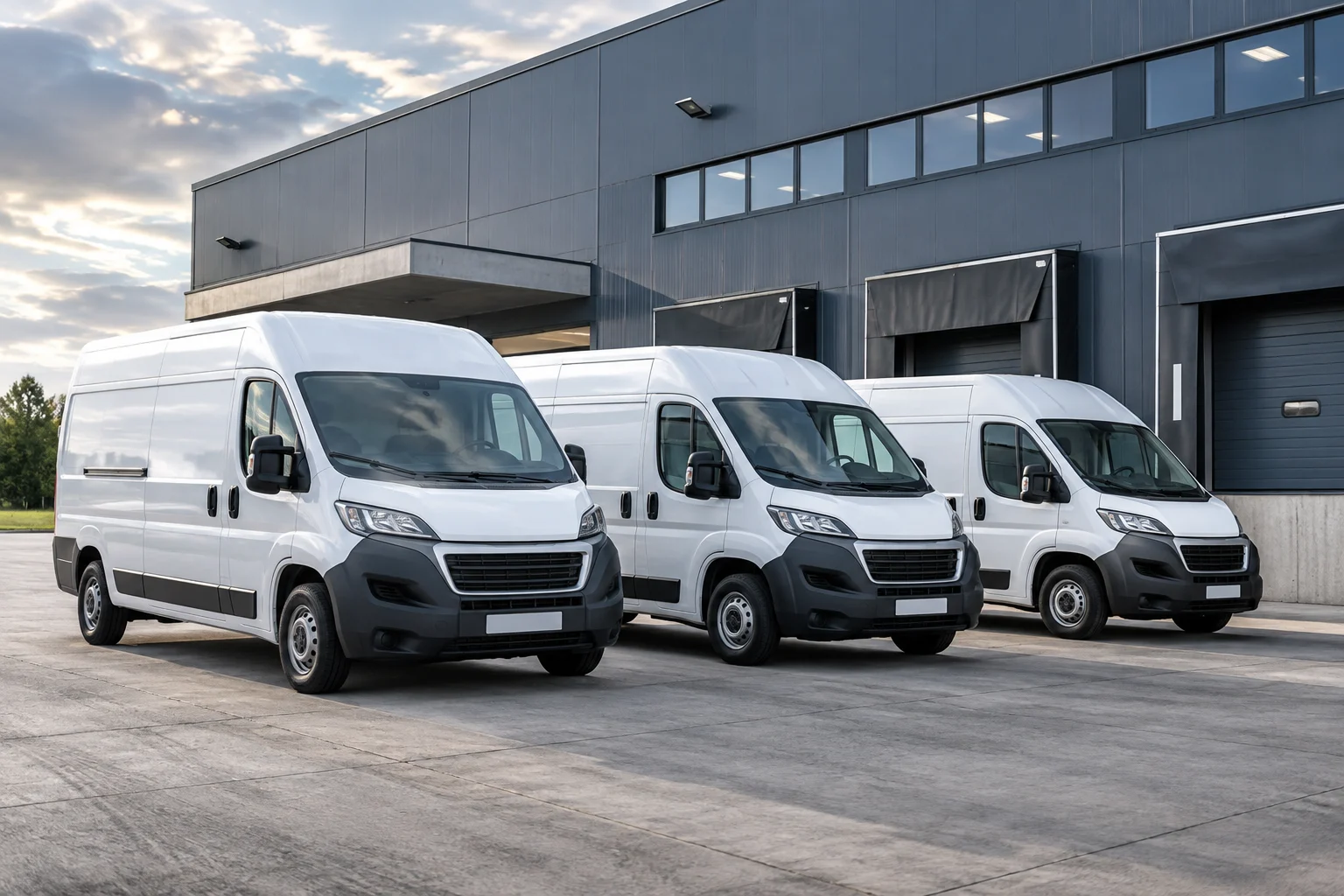 Weiße Transporter vor einer Gewerbehalle als Beispiel für den Verwertungsbereich